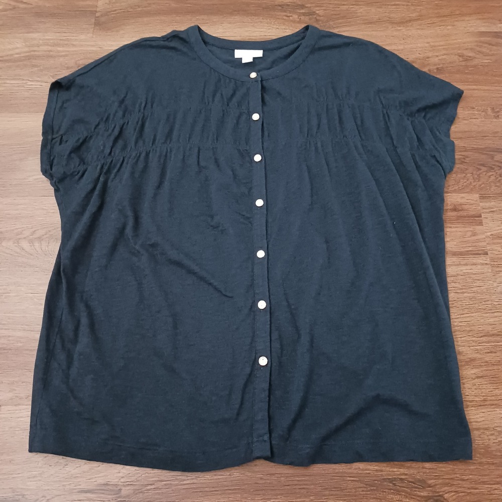 J. Jill Women Navy Blue Short Sleeve Button Down Shirred Slub Knit Top Size M